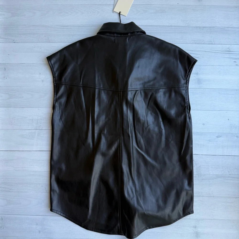 NWT Elan Black Faux Leather Florence Sleeveless Button Down Collared Top S - Picture 7 of 8